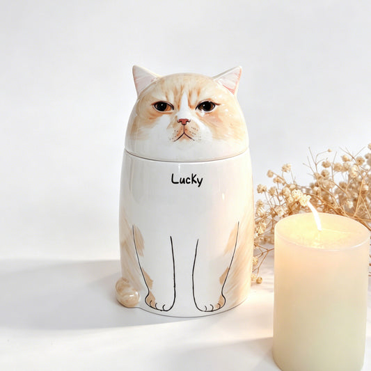 Hand-painted Ceramic Cat Urn - Custom Memorial Keepsake for Pet