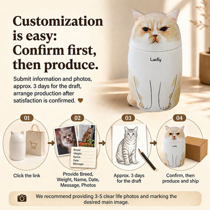 Hand-painted Ceramic Cat Urn - Custom Memorial Keepsake for Pet