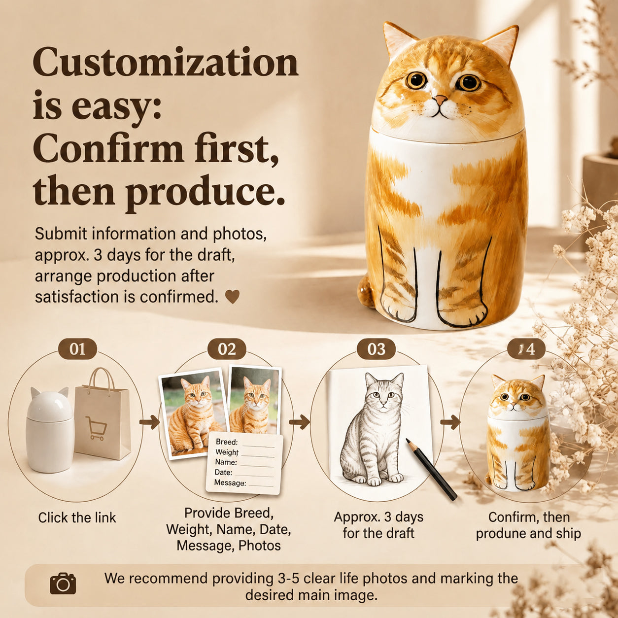 Personalized Ceramic Cat Urn for Ashes – Handmade Cat Memorial Keepsake